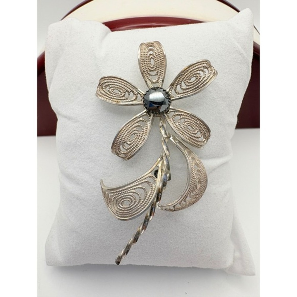Sterling Silver Flower Brooch Dark Faceted Stone Openwork Floral Pin Vintage - Picture 6 of 11